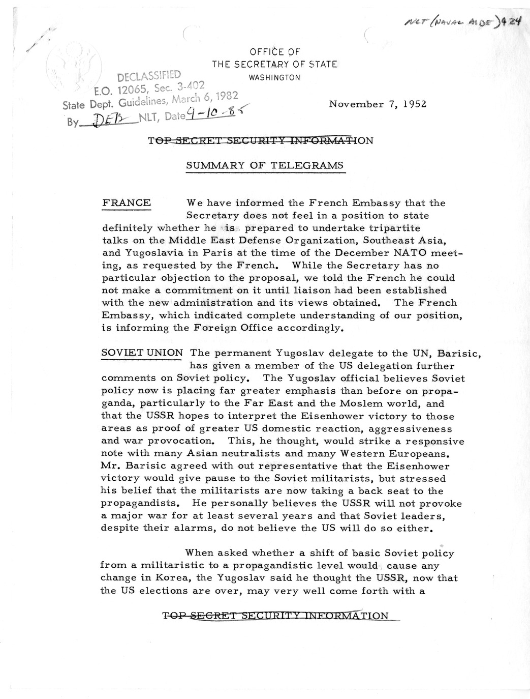 Memorandum, State Department Summary of Telegrams