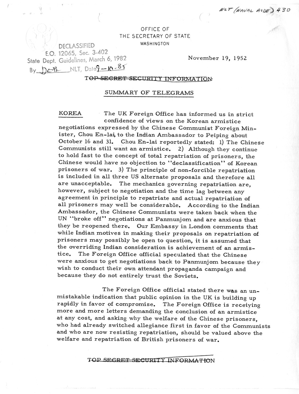 Memorandum, State Department Summary of Telegrams