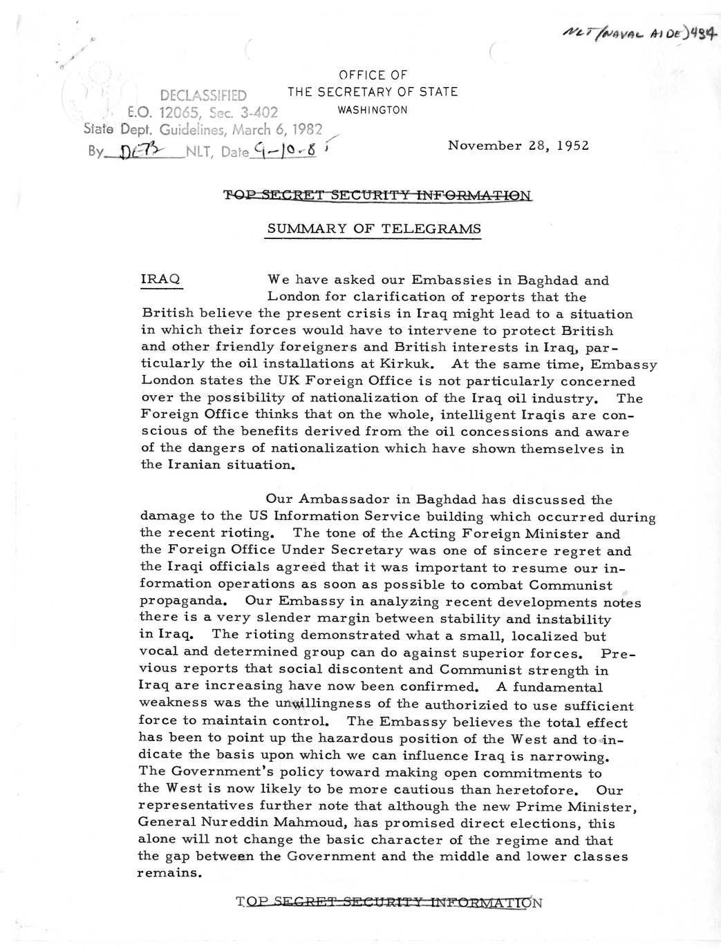 Memorandum, State Department Summary of Telegrams