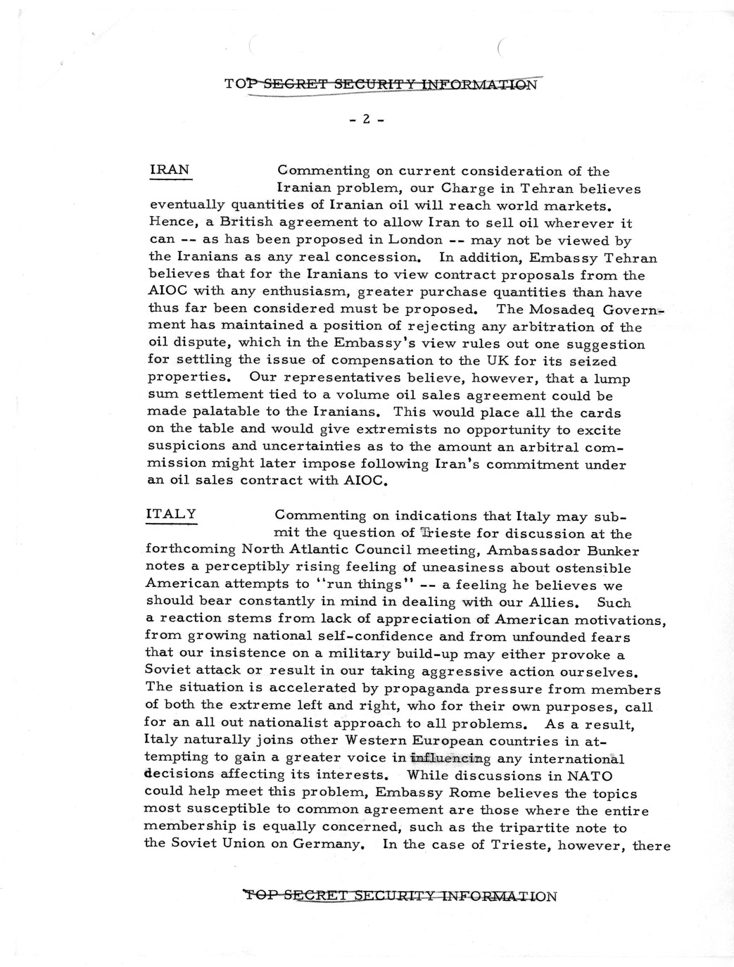 Memorandum, State Department Summary of Telegrams