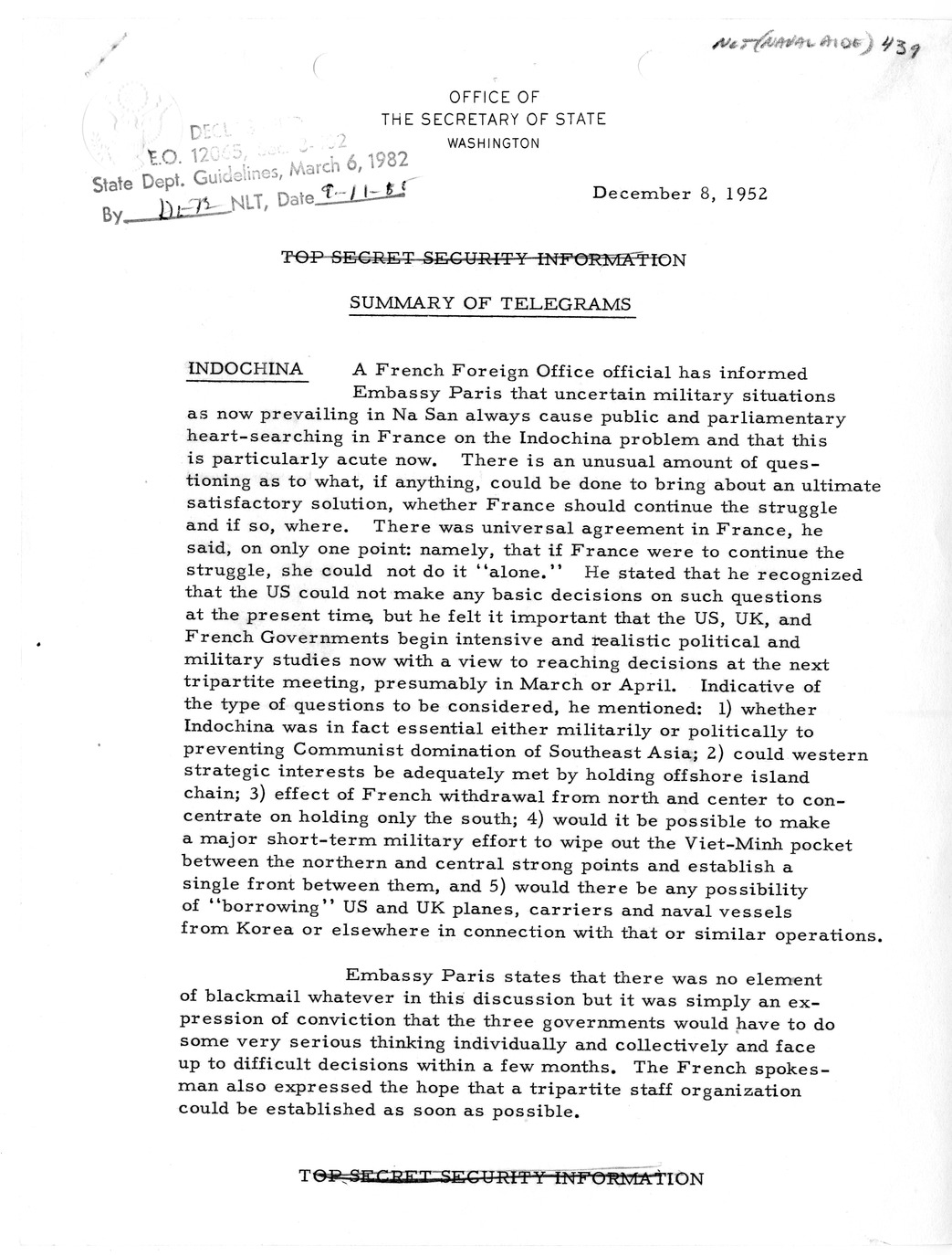 Memorandum, State Department Summary of Telegrams