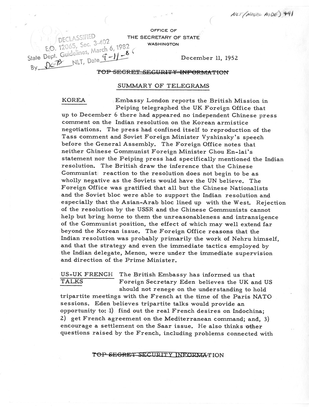 Memorandum, State Department Summary of Telegrams