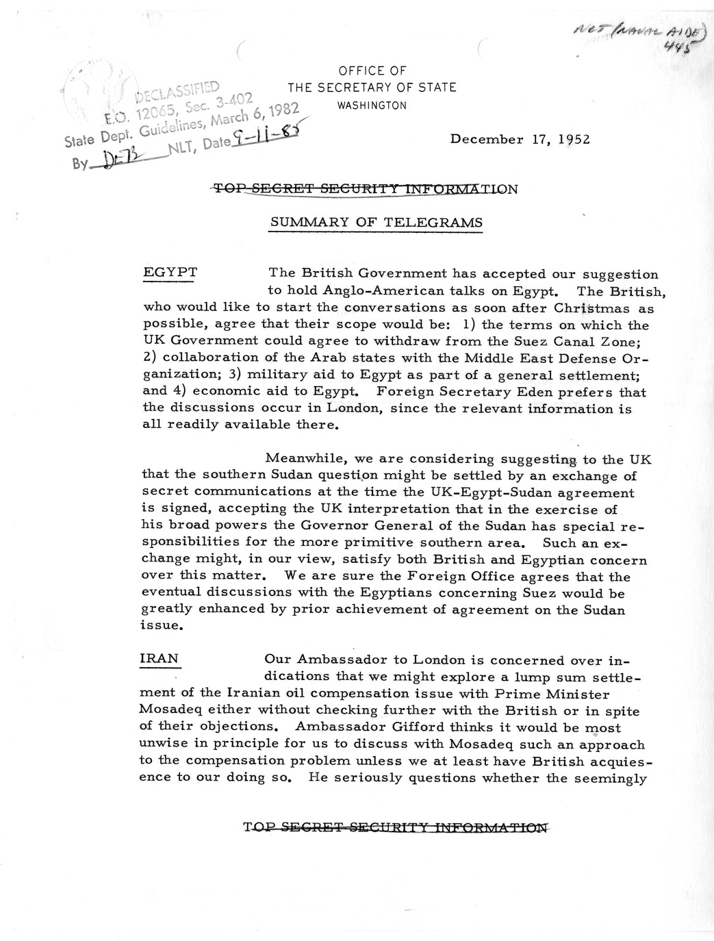 Memorandum, State Department Summary of Telegrams