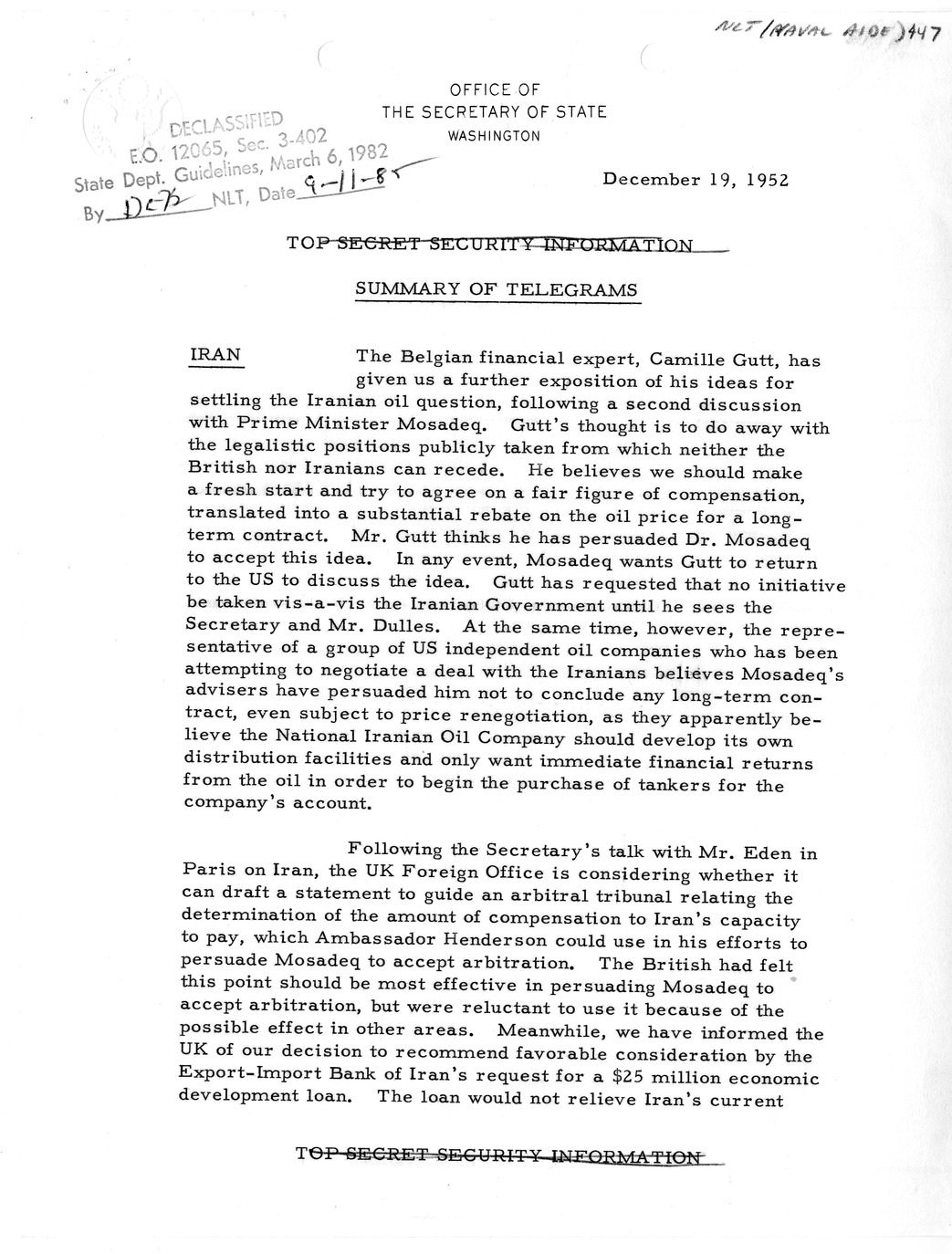 Memorandum, State Department Summary of Telegrams