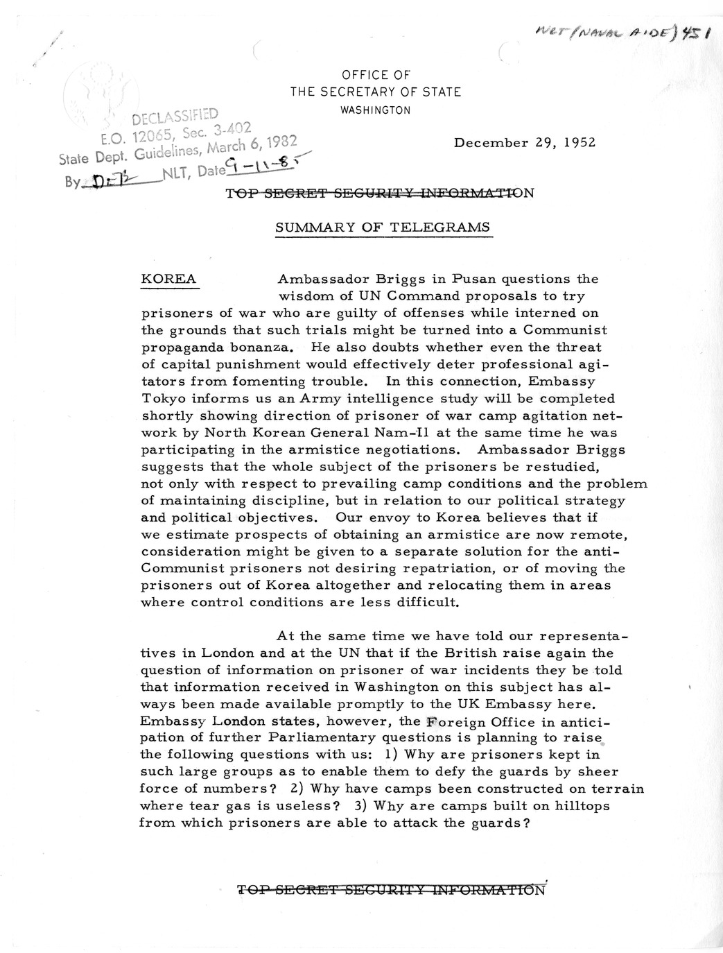 Memorandum, State Department Summary of Telegrams