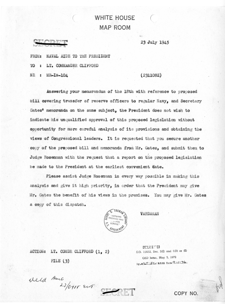 Memorandum from Captain James K. Vardaman to Lieutenant Commander Clark Clifford [MR-IN-104]