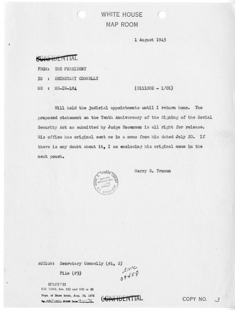 Memorandum from President Harry S. Truman to Matthew J. Connelly [MR-IN-184]