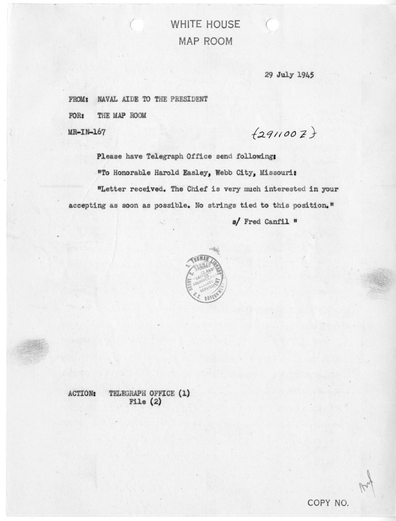 Memorandum from Captain James K. Vardaman to the White House Map Room [MR-IN-167]