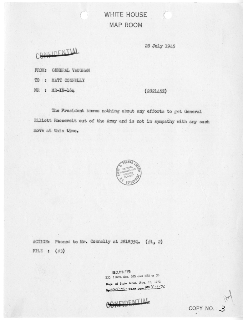 Memorandum from Gen. Harry H. Vaughan to Matthew J. Connelly [MR-IN-164]