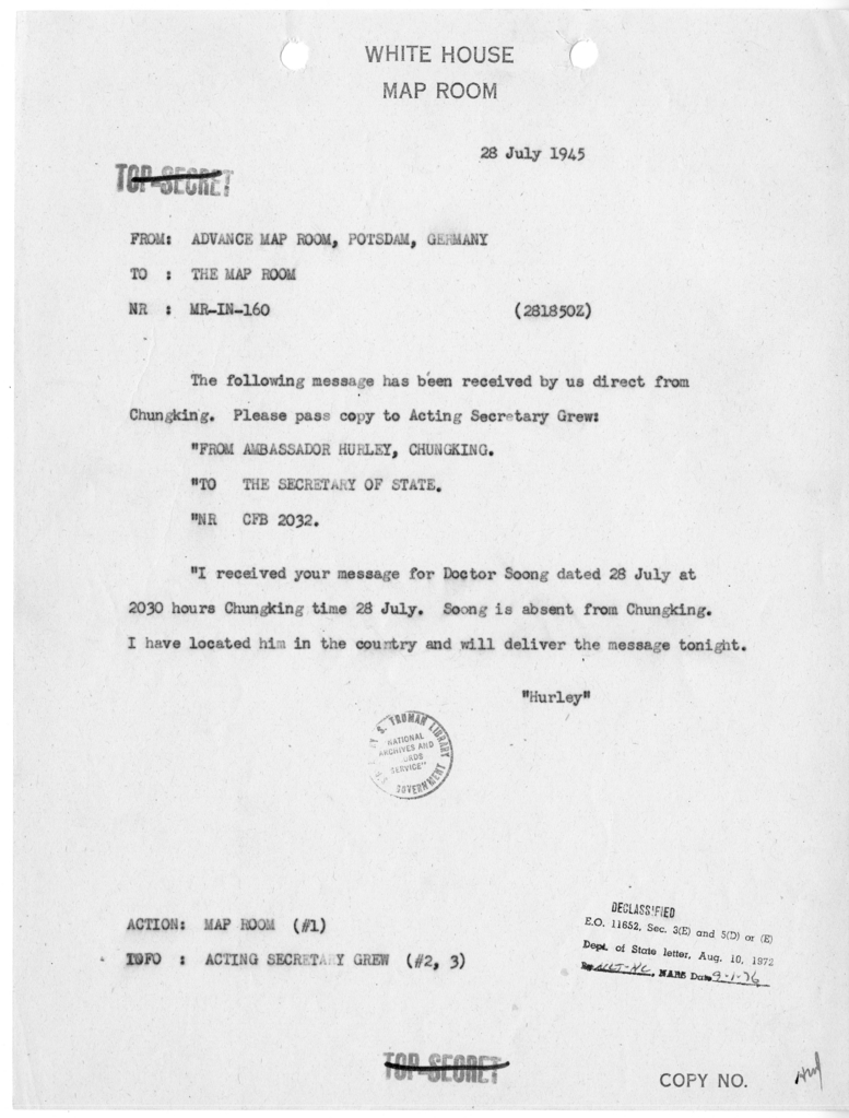 Memorandum from the Advance Map Room to the White House Map Room [MR-IN-160]