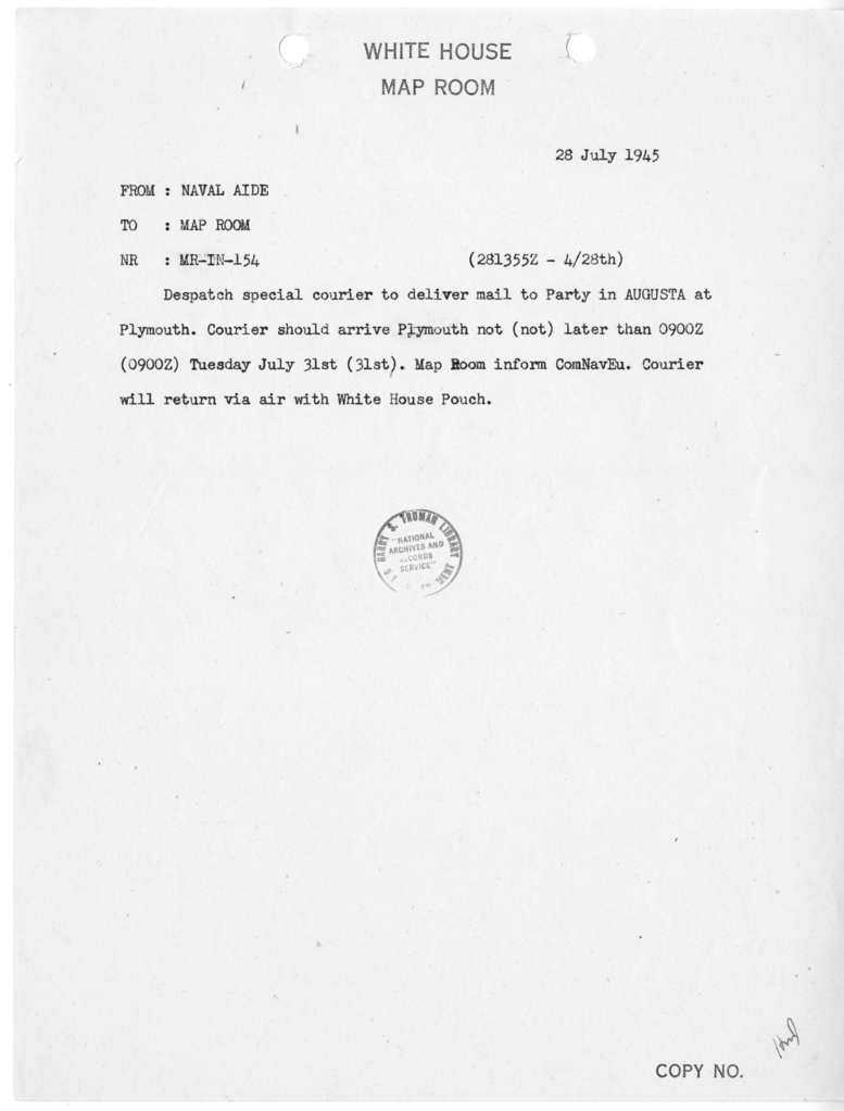 Memorandum from Captain James K. Vardaman to the White House Map Room [MR-IN-154]