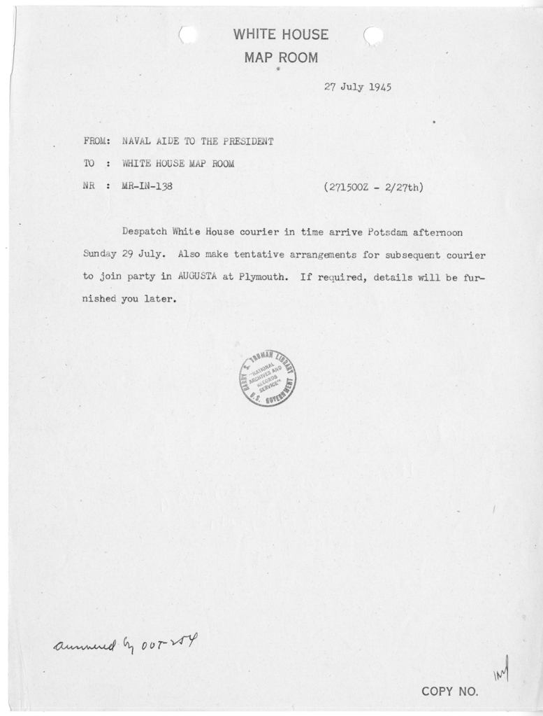 Memorandum from Captain James K. Vardaman to the White House Map Room [MR-IN-138]