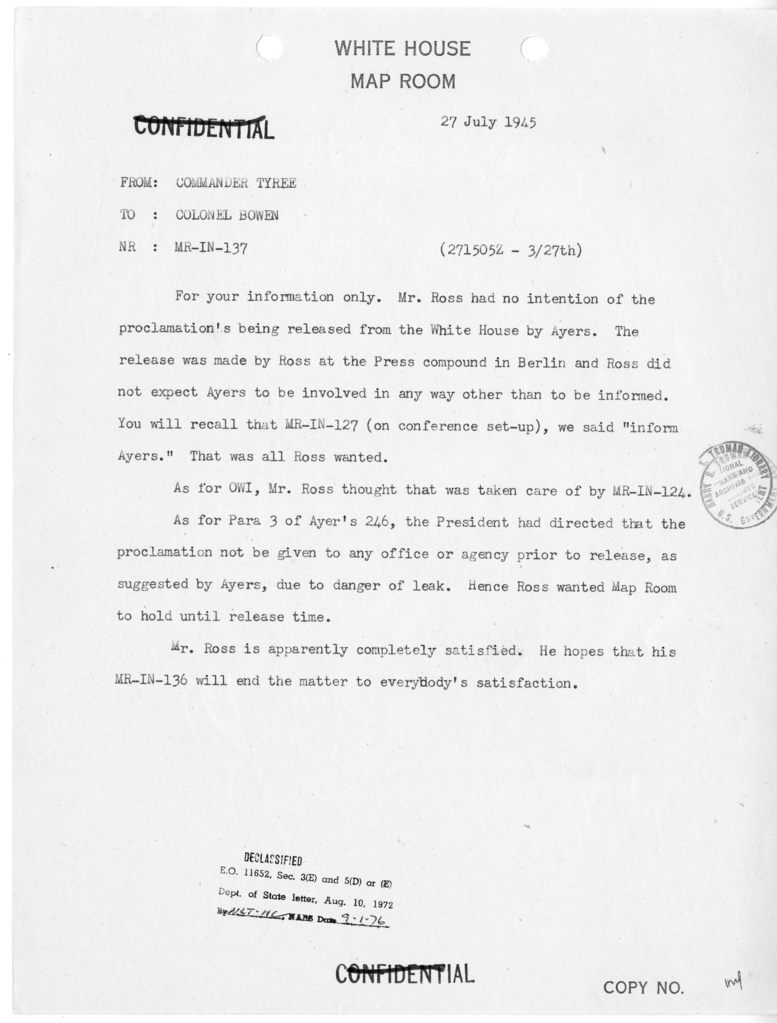 Memorandum from Commander John A. Tyree to Colonel Bowen [MR-IN-137]