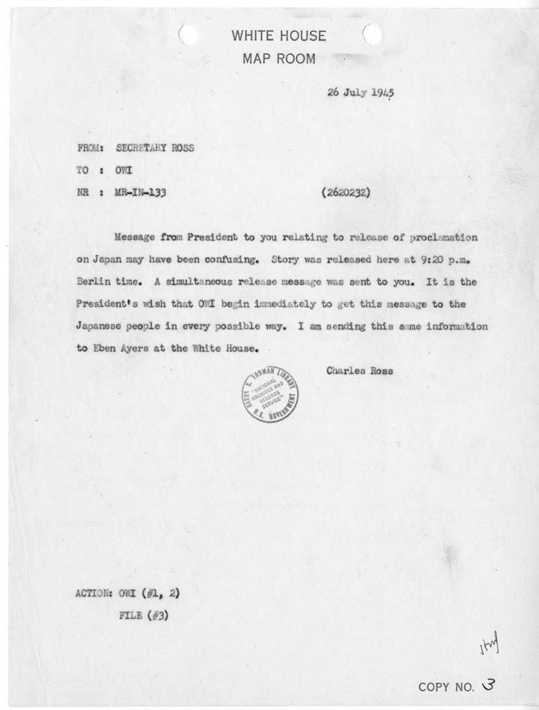 Memorandum from Charles G. Ross to Office of War Information [MR-IN-133]