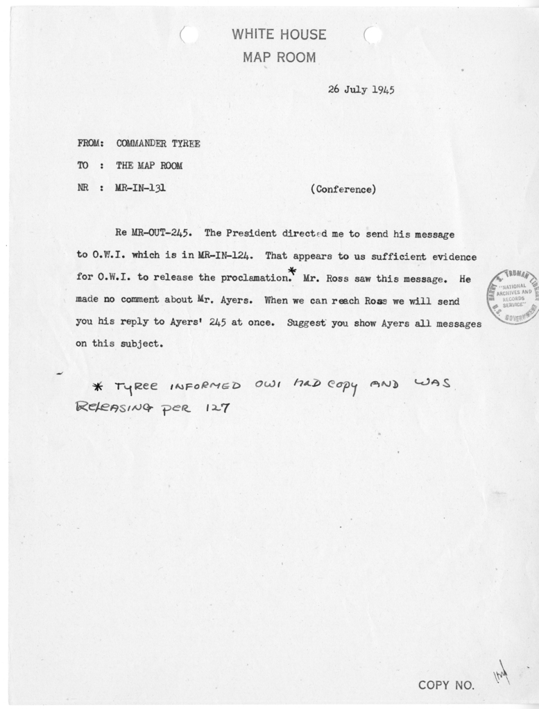 Memorandum from Commander John A. Tyree to the White House Map Room [MR-IN-131]