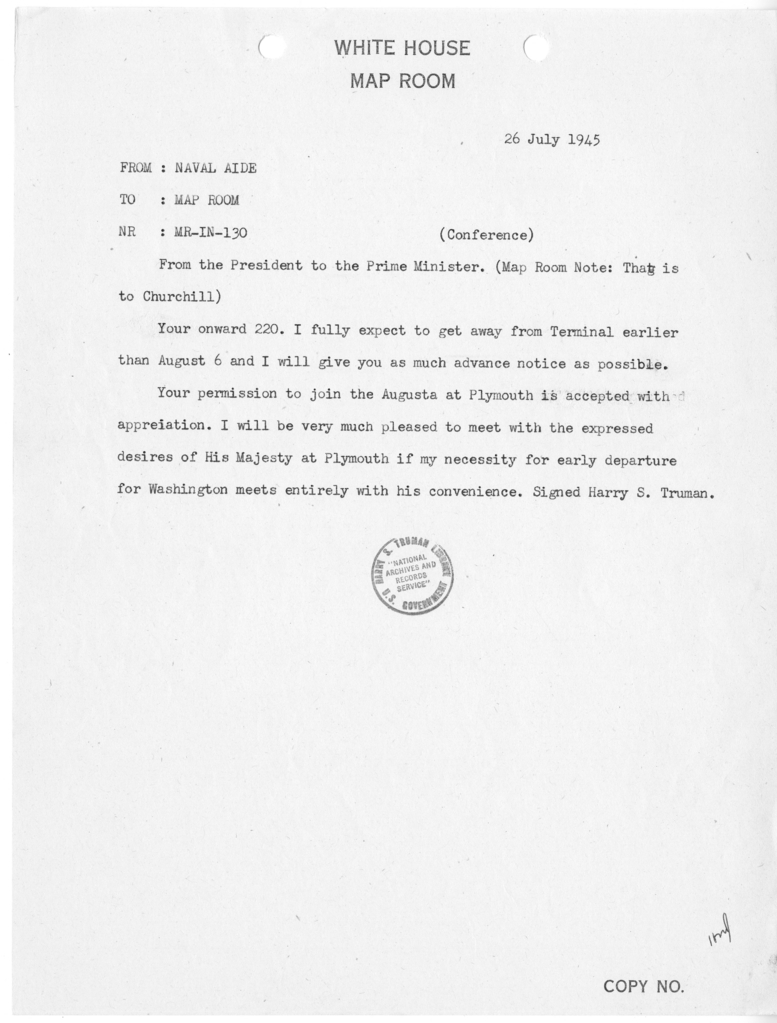 Memorandum from Captain James K. Vardaman to the White House Map Room [MR-IN-130]