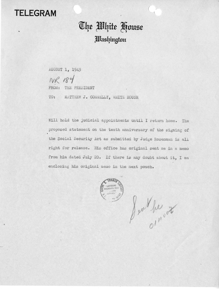 Telegram from President Harry S. Truman to Matthew J. Connelly [184]