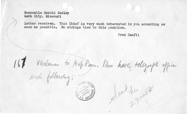 Telegram from Captain James Vardaman to Map Room [167]