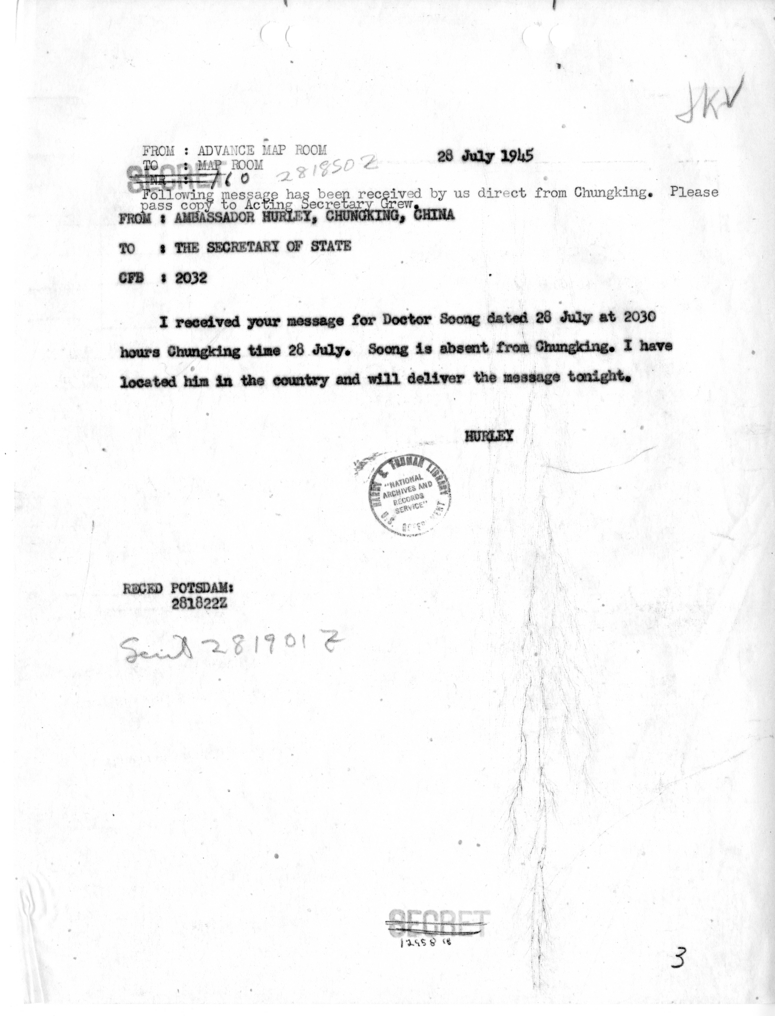 Telegram from Ambassador Patrick Hurley to Secretary of State James Byrnes