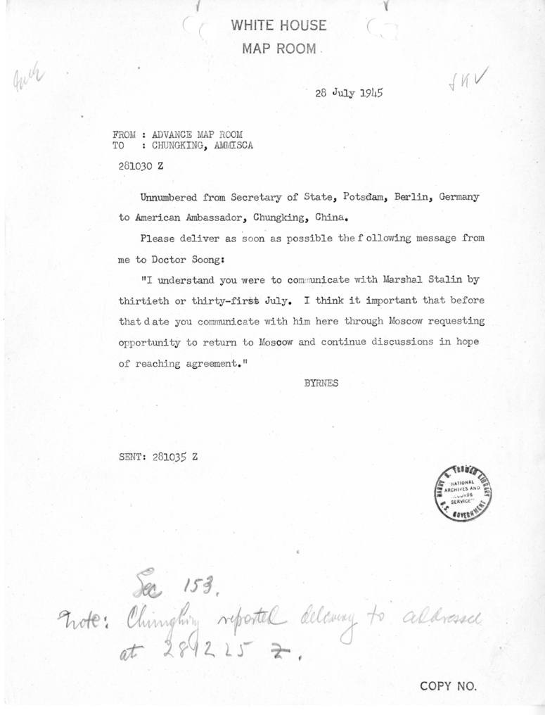 Telegram from the Advance Map Room to Ambassador Patrick Hurley