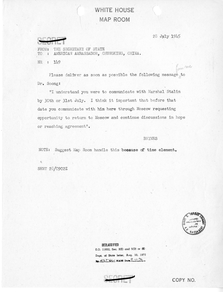 Telegram from Secretary of State Joseph Grew to the American Ambassador in Chungking, China [149]