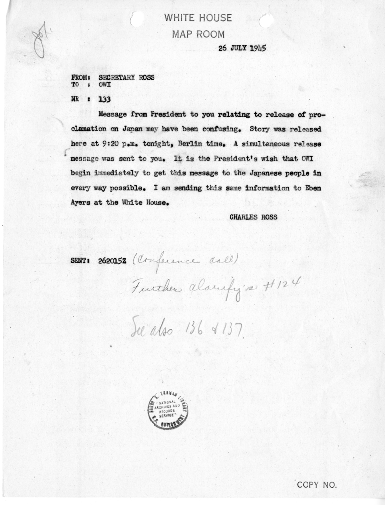 Telegram From Secretary Charles G. Ross To The Office Of War 