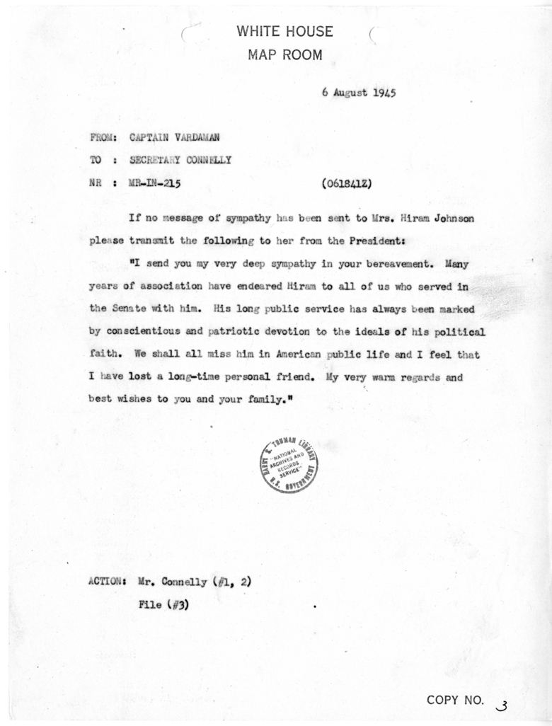 Telegram from Captain James K. Vardaman to Matthew J. Connelly [MR-IN-215]