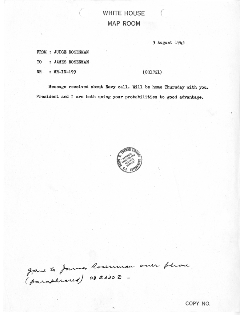 Telegram from Samuel I. Rosenman to James Rosenman [MR-IN-199]