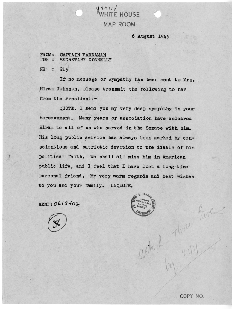 Telegram from Captain James K. Vardaman to Secretary Matthew J. Connelly [NR 215]