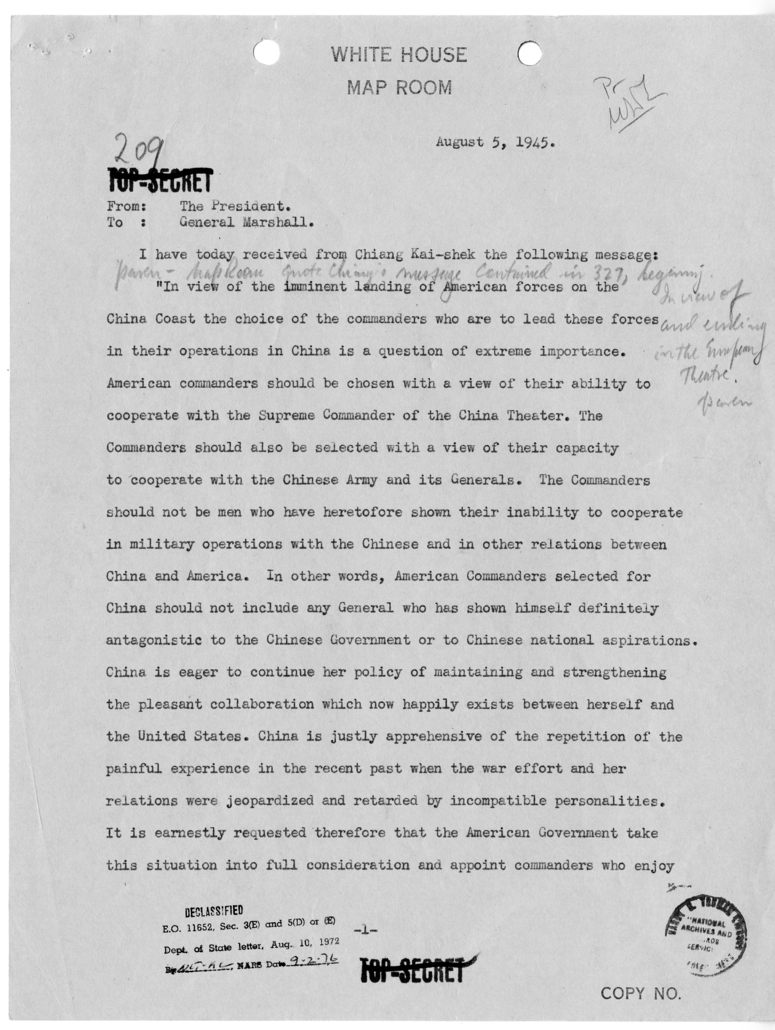 Memorandum from President Harry S. Truman to General George C. Marshall [209]