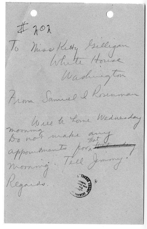 Handwritten Note from Samuel I. Rosenman to Miss Kitty Gilligan