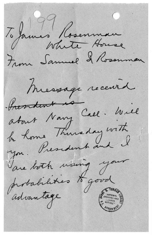 Handwritten Note from Samuel I. Rosenman to James Rosenman