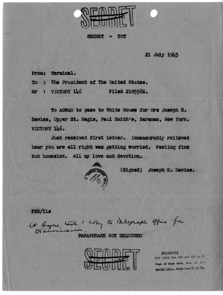 Telegram from Terminal to President Harry S. Truman