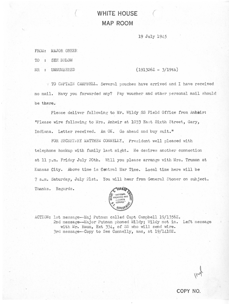 Memorandum from Major Greer to Captain Campbell and Matthew J. Connelly