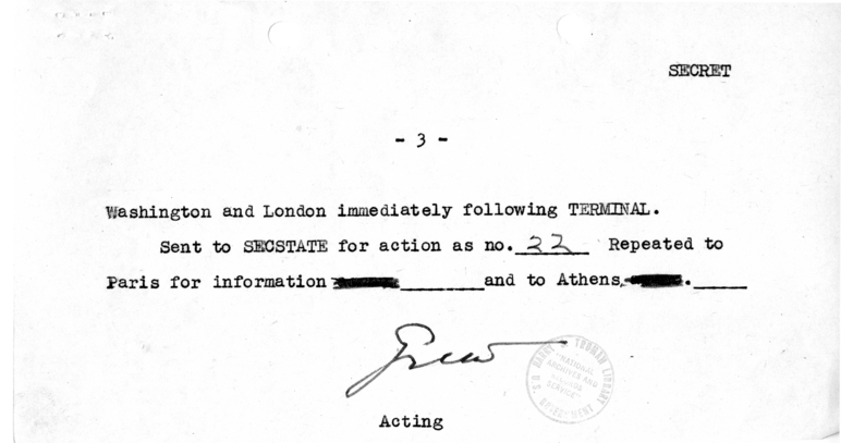 Telegram from Acting Secretary of State Joseph Grew to Secretary of State James Byrnes [OUT-128]