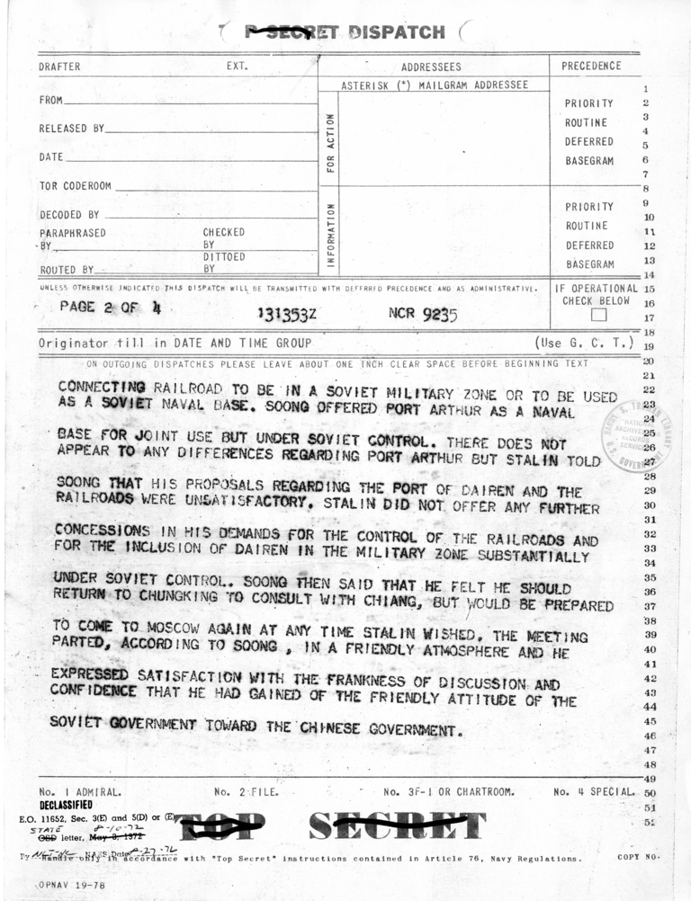 Telegram from Averell Harriman to President Harry S. Truman and Secretary of State James Bynres [OUT-124]