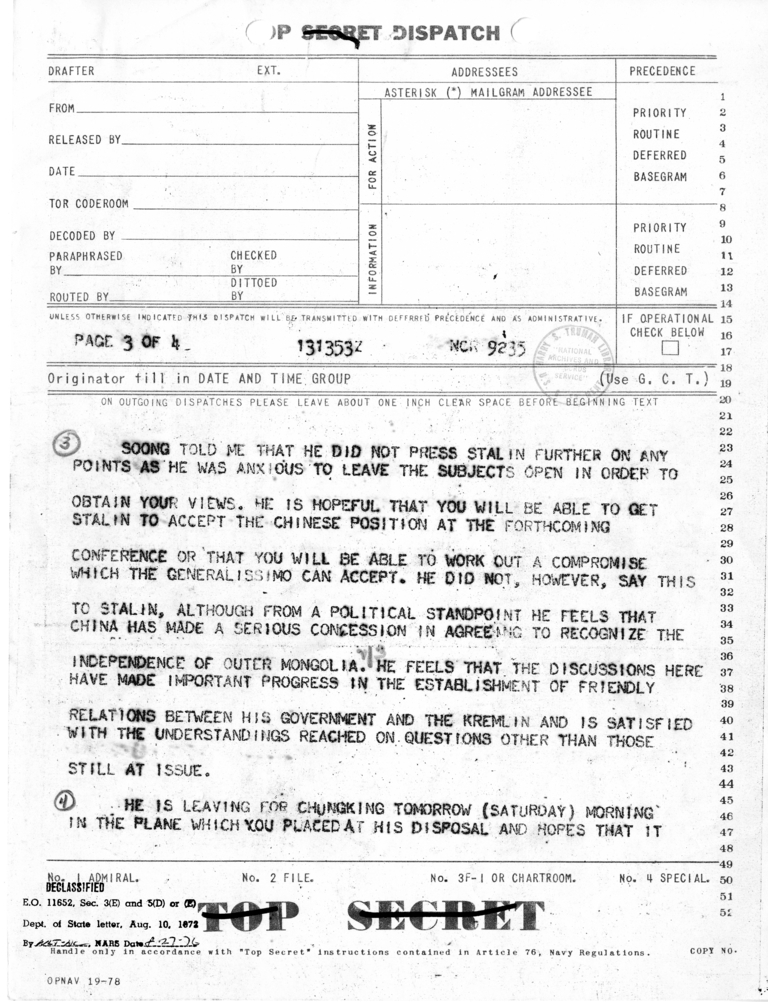 Telegram from Averell Harriman to President Harry S. Truman and Secretary of State James Bynres [OUT-124]