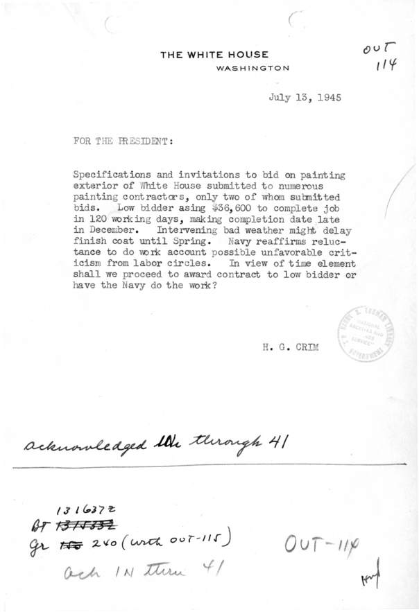 Memorandum from H. G. Crim to President Harry S. Truman [OUT-114]
