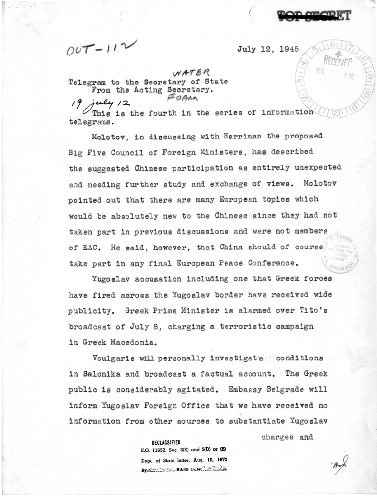 Memorandum from Acting Secretary of State Joseph Grew to Secretary of State James Byrnes [OUT-112]