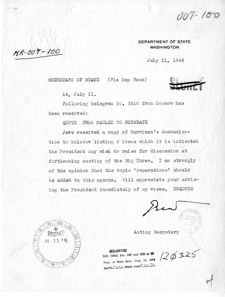 Telegram from Acting Secretary of State Joseph Grew to Secretary of State James Byrnes [MR-OUT-100]