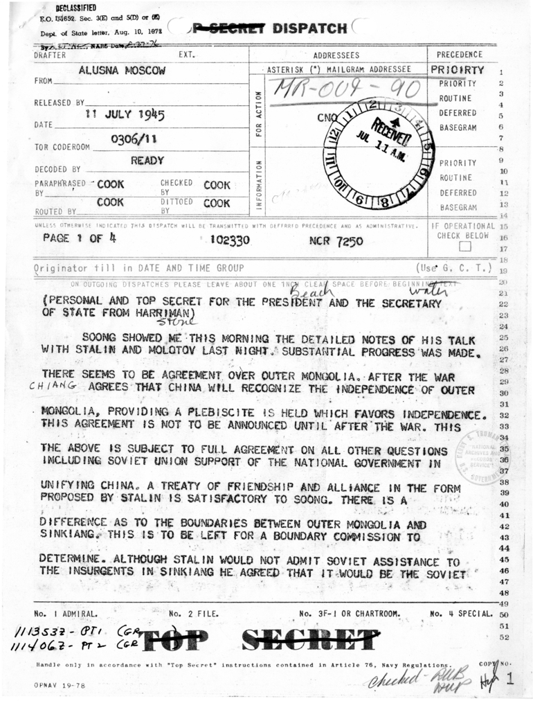 Memorandum from Averell Harriman to President Harry S. Truman and Secretary of State James Byrnes [MR-OUT-90]