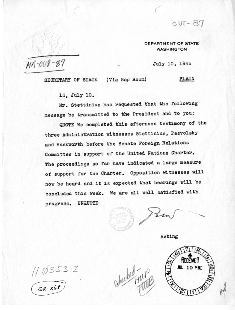 Telegram from Acting Secretary of State Joseph Grew to Secretary of State James Byrnes [MR-OUT-87]