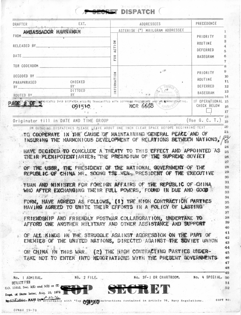 Telegram from Averell Harriman to President Harry S. Truman and Secretary of State James Byrnes