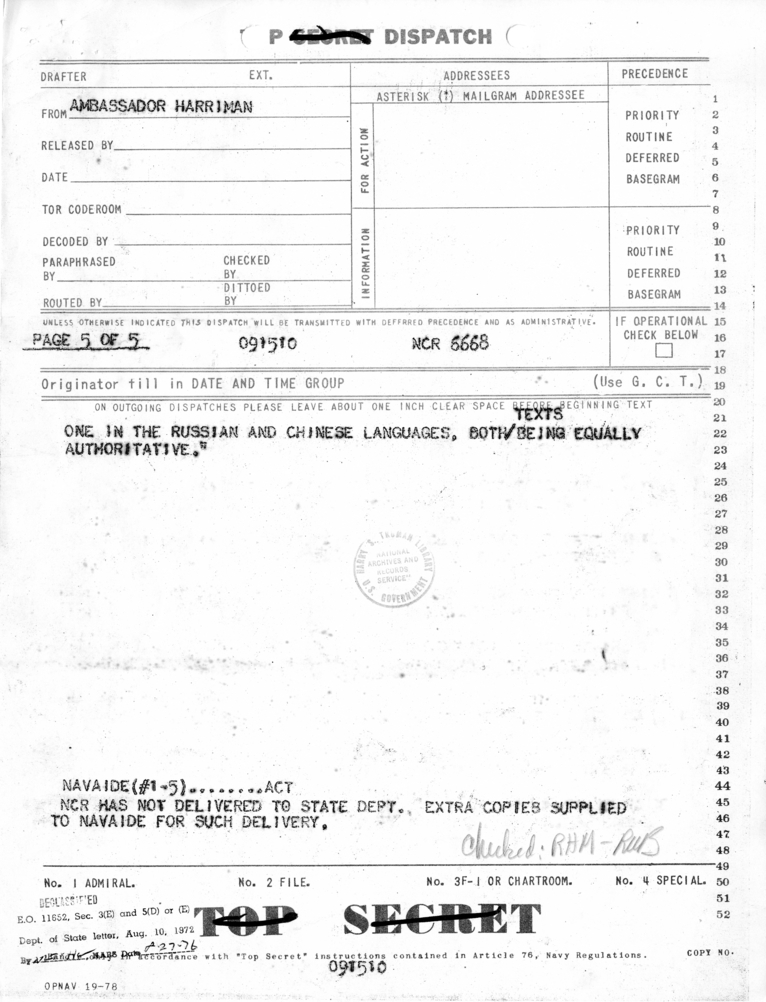 Telegram from Averell Harriman to President Harry S. Truman and Secretary of State James Byrnes