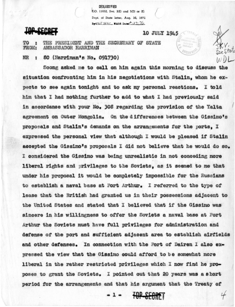 Telegram from Ambassador Harriman to President Harry S. Truman and Secretary of State James Byrnes