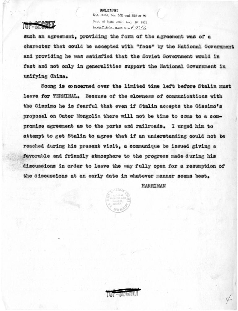 Telegram from Ambassador Harriman to President Harry S. Truman and Secretary of State James Byrnes