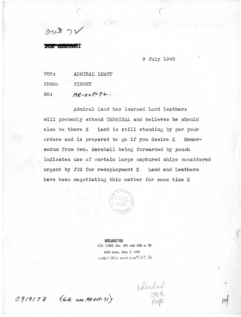 Telegram from Commander Pinney to Admiral William D. Leahy [MR-OUT-72]