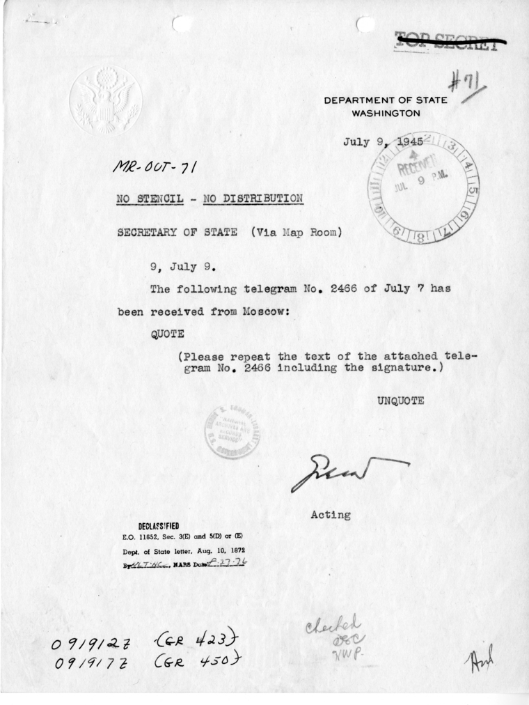 Telegram from Acting Secretary of State Joseph Grew to Secretary of State James Byrnes [MR-OUT-71]