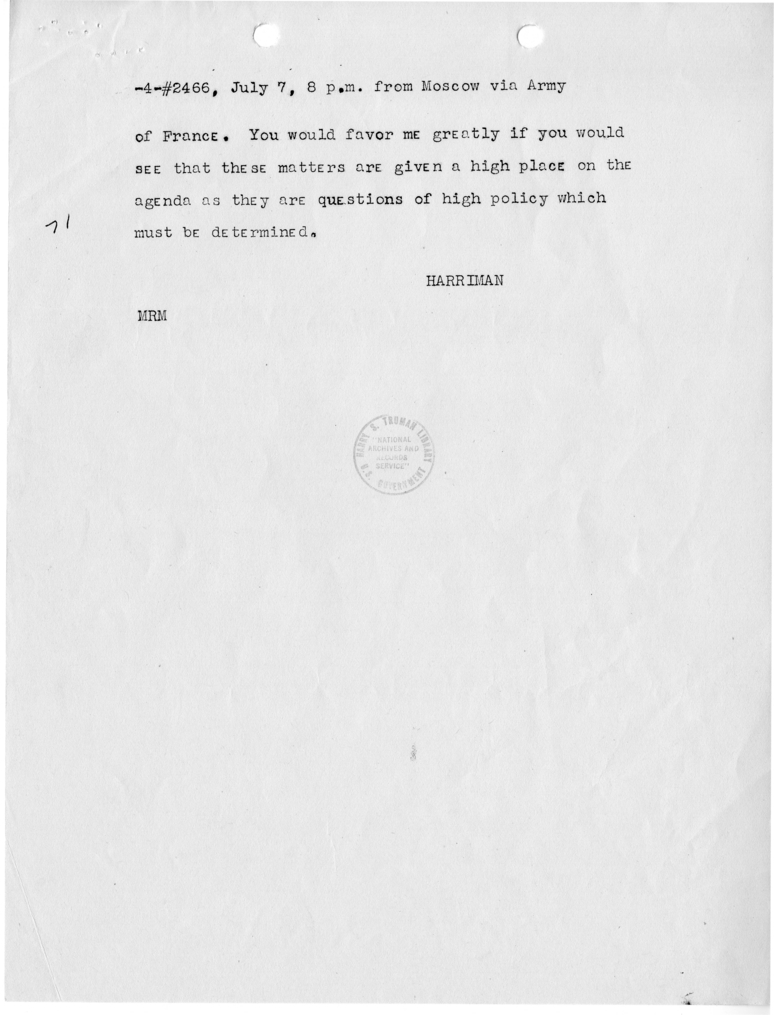 Telegram from Acting Secretary of State Joseph Grew to Secretary of State James Byrnes [MR-OUT-71]