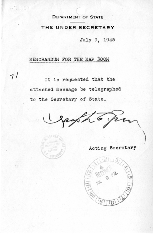 Telegram from Acting Secretary of State Joseph Grew to Secretary of State James Byrnes [MR-OUT-71]